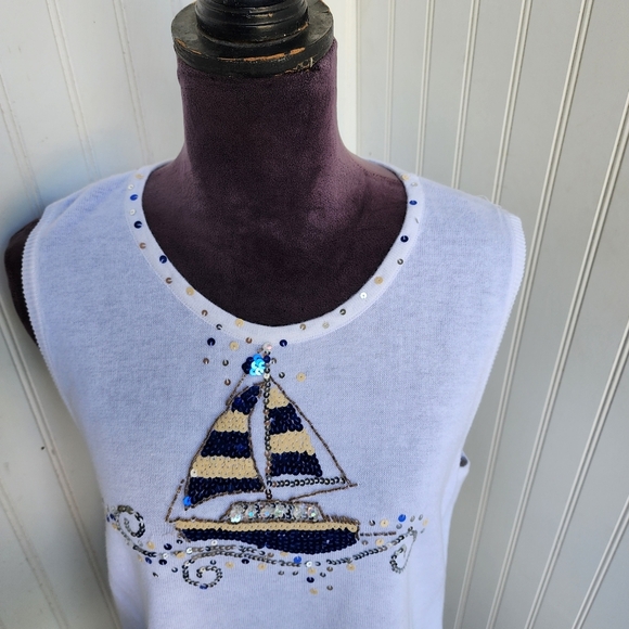Quacker Factory White Sailboat Sweater Vest Womens Sleeveless Sequin Top Knit L - Picture 4 of 10